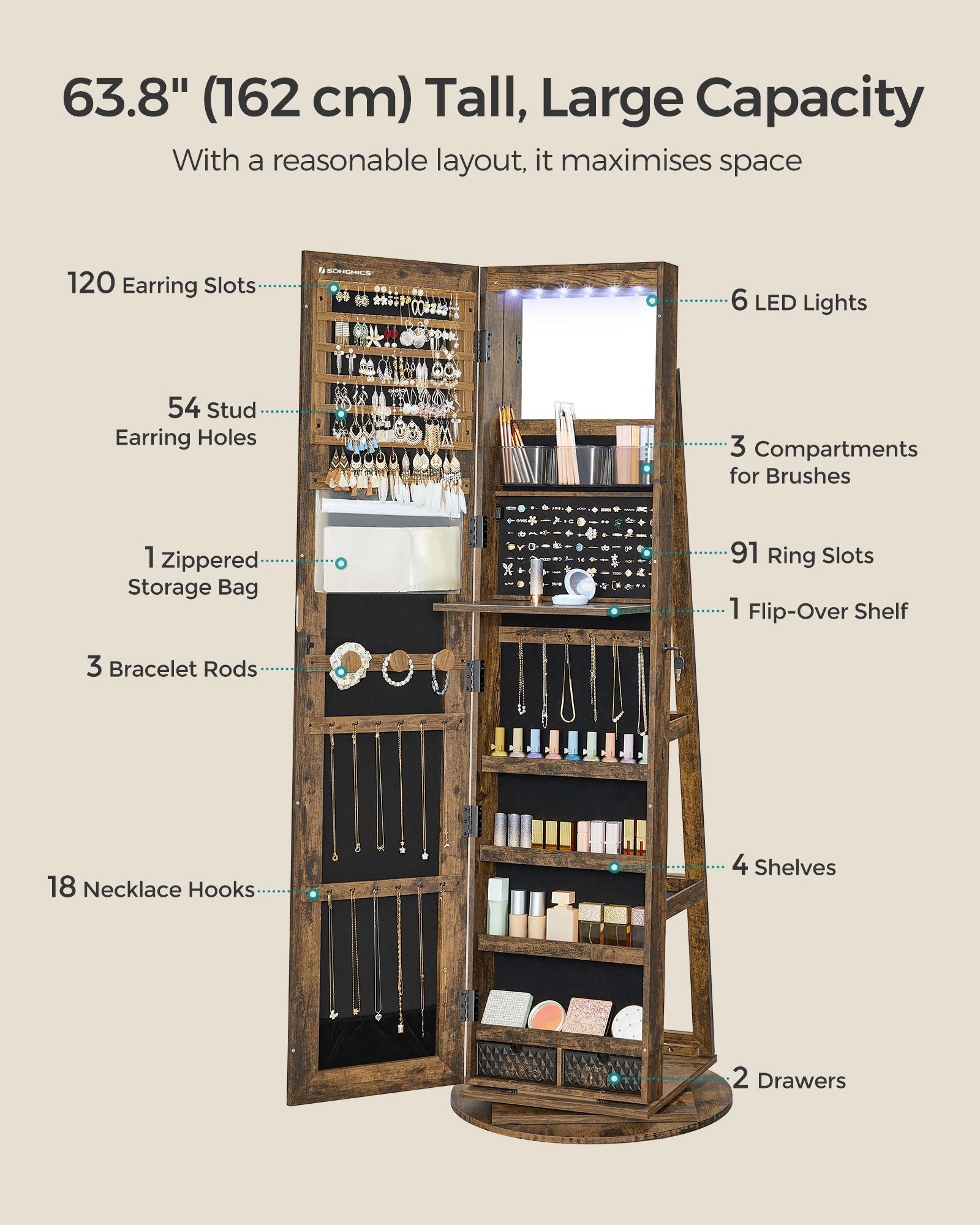 Rotating Jewelry Cabinet – MDF – Rustic Brown – Lockable Full-Length Mirror with 360° Swivel Storage and 6 LEDs