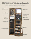 Rotating Jewelry Cabinet – MDF – Rustic Brown – Lockable Full-Length Mirror with 360° Swivel Storage and 6 LEDs