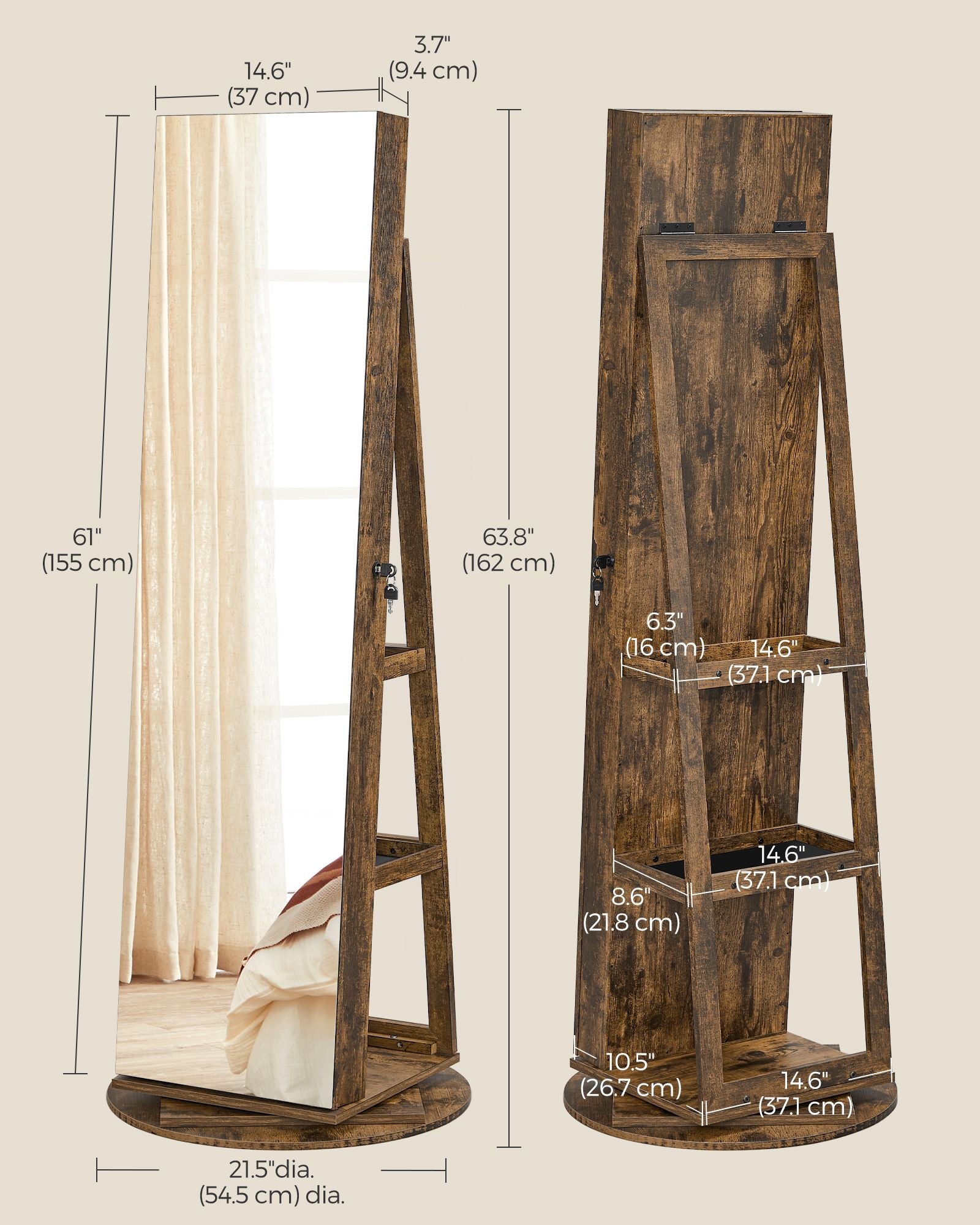 Rotating Jewelry Cabinet – MDF – Rustic Brown – Lockable Full-Length Mirror with 360° Swivel Storage and 6 LEDs