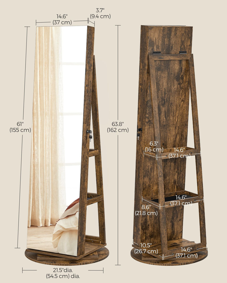Rotating Jewelry Cabinet – MDF – Rustic Brown – Lockable Full-Length Mirror with 360° Swivel Storage and 6 LEDs