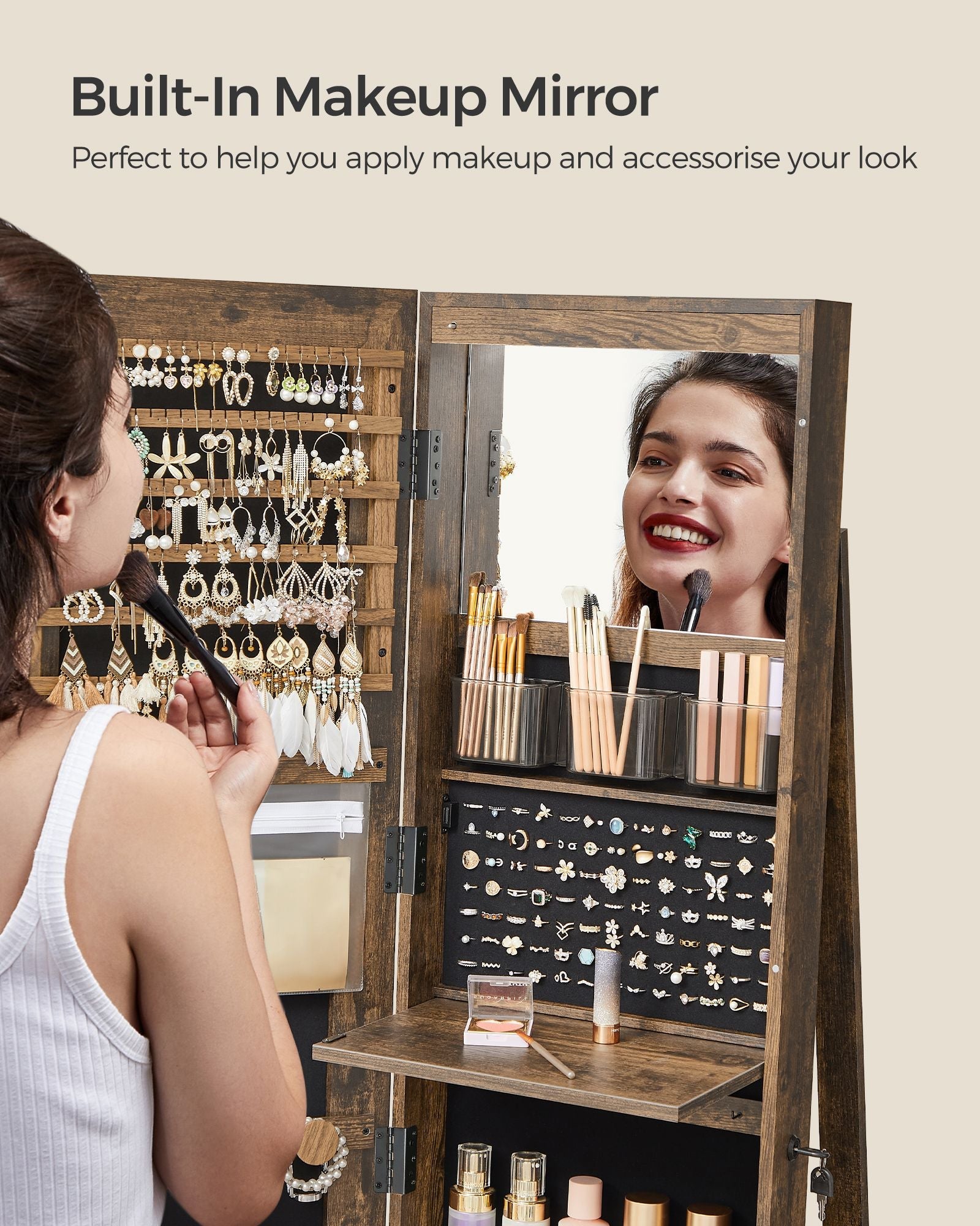 Rotating Jewelry Cabinet – MDF – Rustic Brown – Lockable Full-Length Mirror with 360° Swivel Storage and 6 LEDs