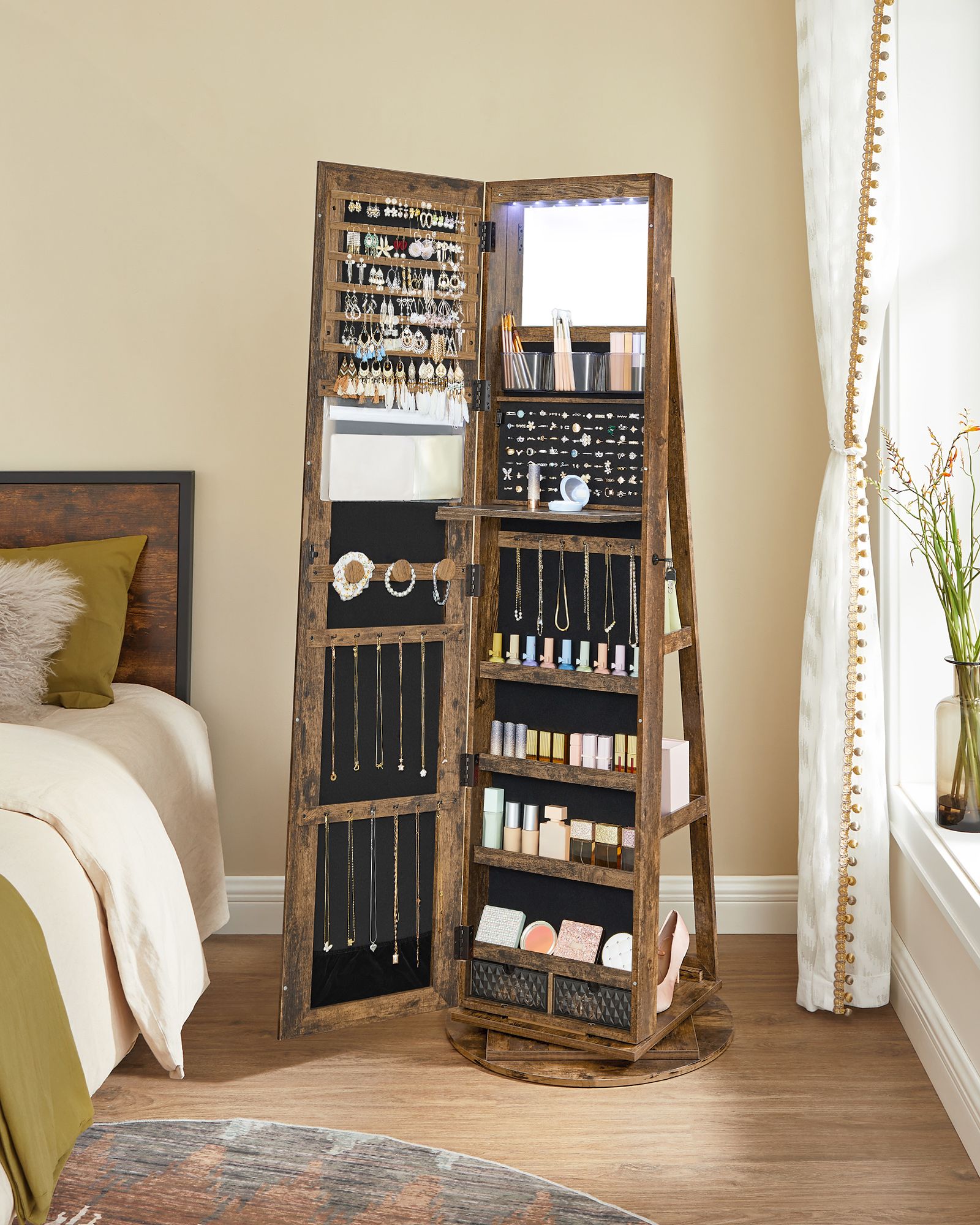 Rotating Jewelry Cabinet – MDF – Rustic Brown – Lockable Full-Length Mirror with 360° Swivel Storage and 6 LEDs