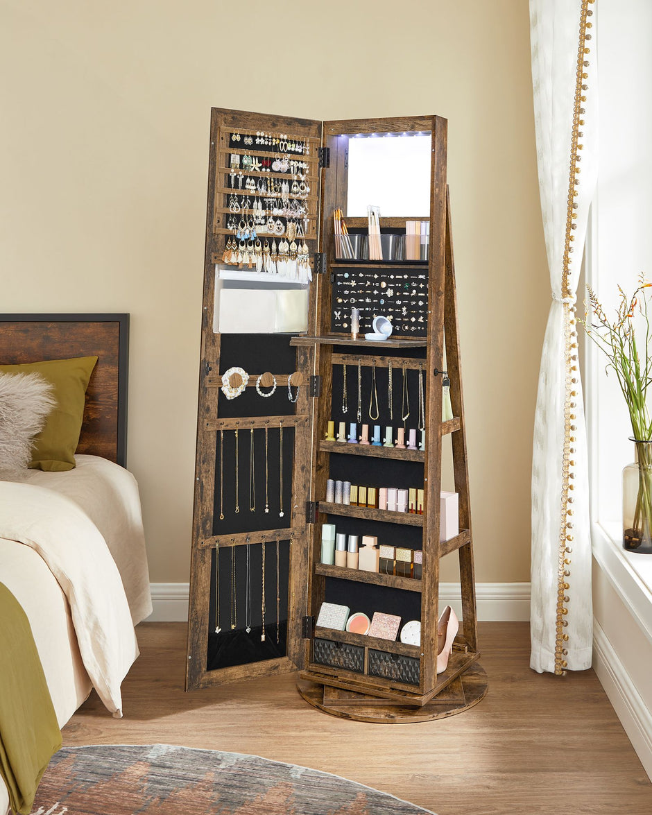 Rotating Jewelry Cabinet – MDF – Rustic Brown – Lockable Full-Length Mirror with 360° Swivel Storage and 6 LEDs