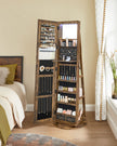 Rotating Jewelry Cabinet – MDF – Rustic Brown – Lockable Full-Length Mirror with 360° Swivel Storage and 6 LEDs