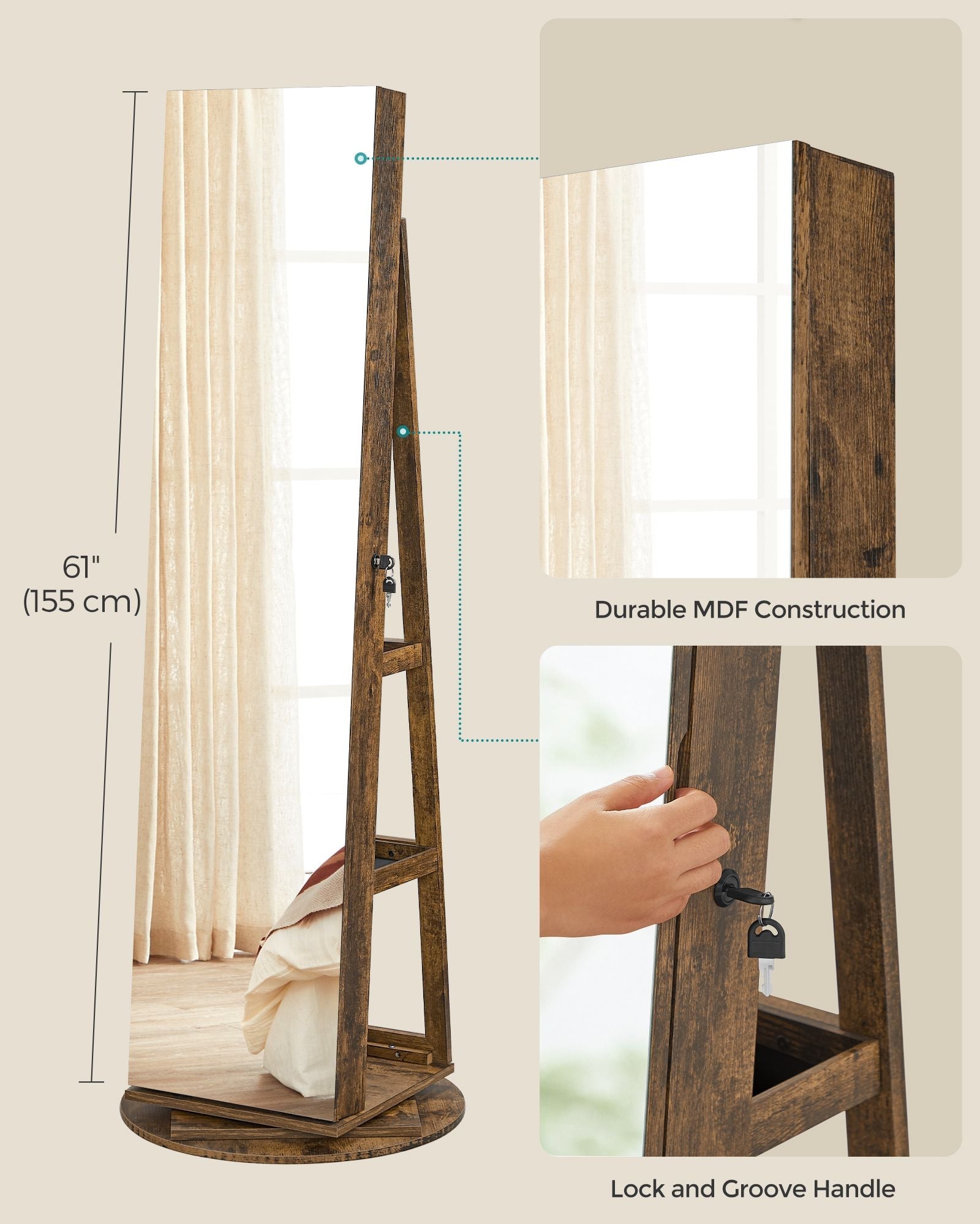 Rotating Jewelry Cabinet – MDF – Rustic Brown – Lockable Full-Length Mirror with 360° Swivel Storage and 6 LEDs
