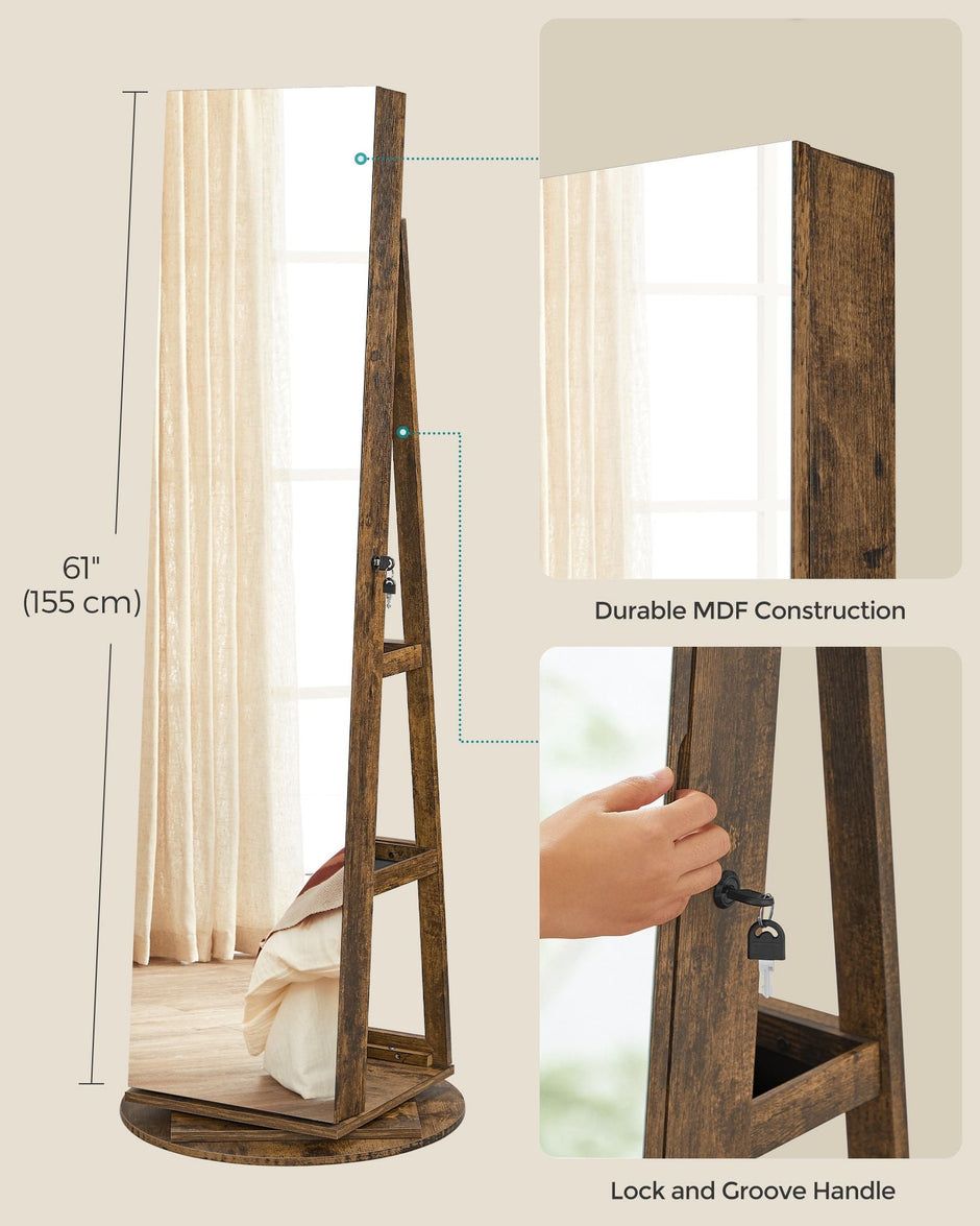 Rotating Jewelry Cabinet – MDF – Rustic Brown – Lockable Full-Length Mirror with 360° Swivel Storage and 6 LEDs
