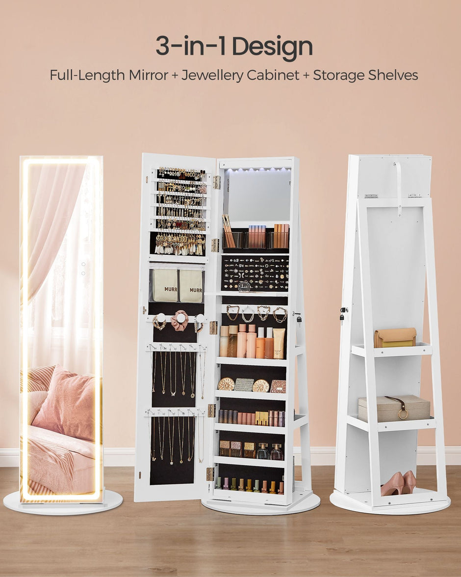 Jewellery Cabinet – Engineered Wood – Cloud White – Lockable with Full-Length Mirror and Adjustable LED Lights