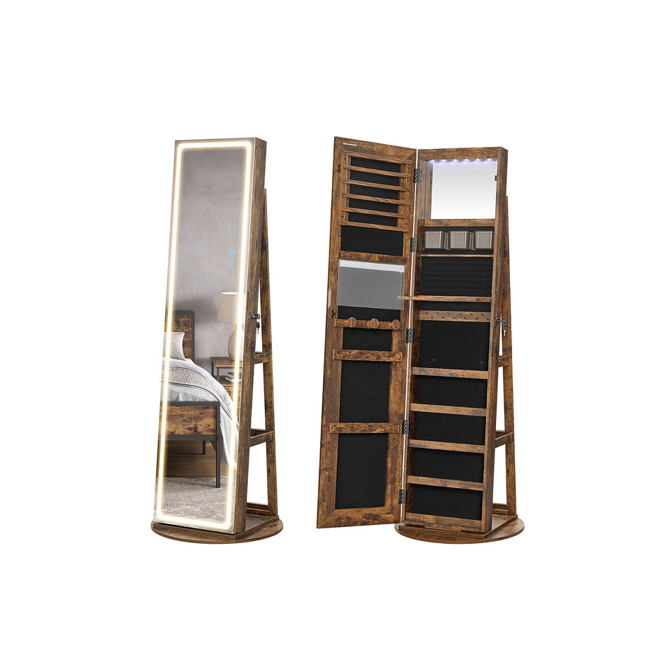 Jewellery Cabinet – Wood – Rustic Brown – Lockable with Full-Length Mirror and Adjustable LED Lights
