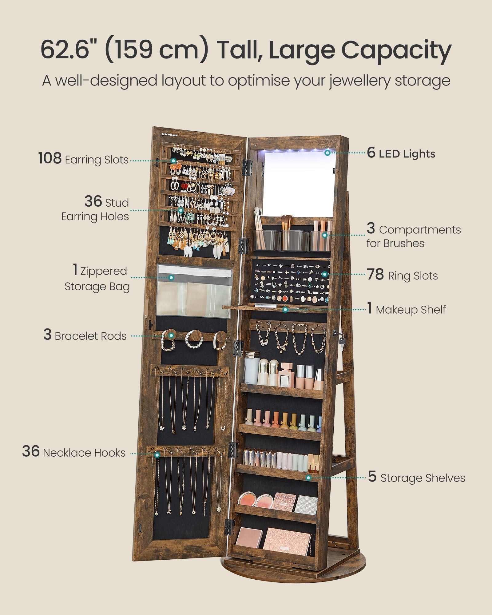 Jewellery Cabinet – Wood – Rustic Brown – Lockable with Full-Length Mirror and Adjustable LED Lights