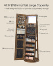 Jewellery Cabinet – Wood – Rustic Brown – Lockable with Full-Length Mirror and Adjustable LED Lights