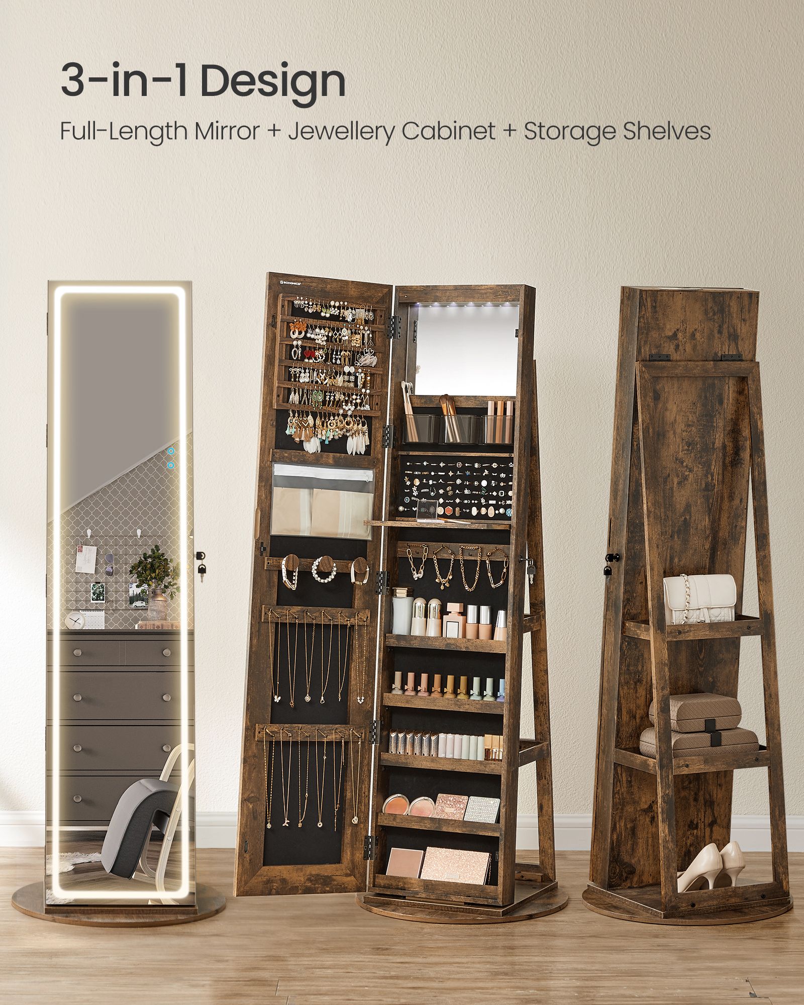 Jewellery Cabinet – Wood – Rustic Brown – Lockable with Full-Length Mirror and Adjustable LED Lights
