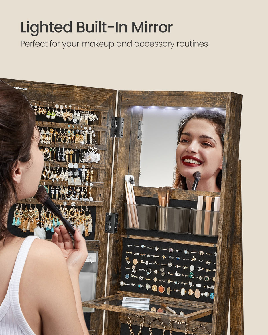 Jewellery Cabinet – Wood – Rustic Brown – Lockable with Full-Length Mirror and Adjustable LED Lights