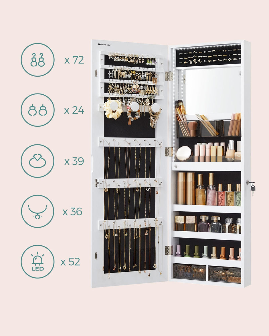 Jewellery Cabinet Organizer – Wood – White – Wall Mounted with LED Lights and Lockable Storage