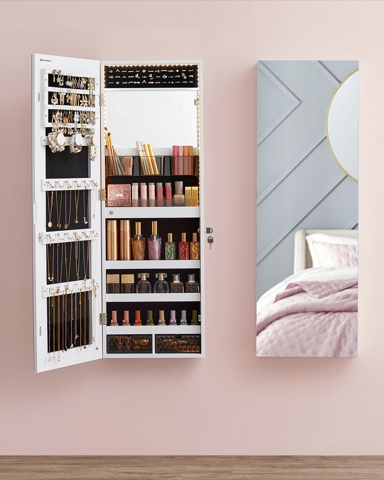 Jewellery Cabinet Organizer – Wood – White – Wall Mounted with LED Lights and Lockable Storage