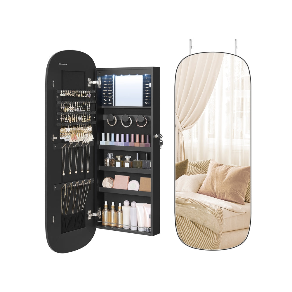Jewellery Cabinet – Wood – White with Greige Lining – Lockable LED Mirror, Wall/Door Mounted