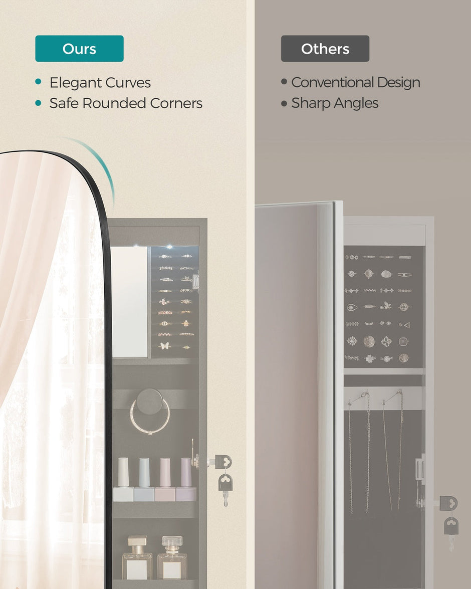 Jewellery Cabinet – Wood – White with Greige Lining – Lockable LED Mirror, Wall/Door Mounted