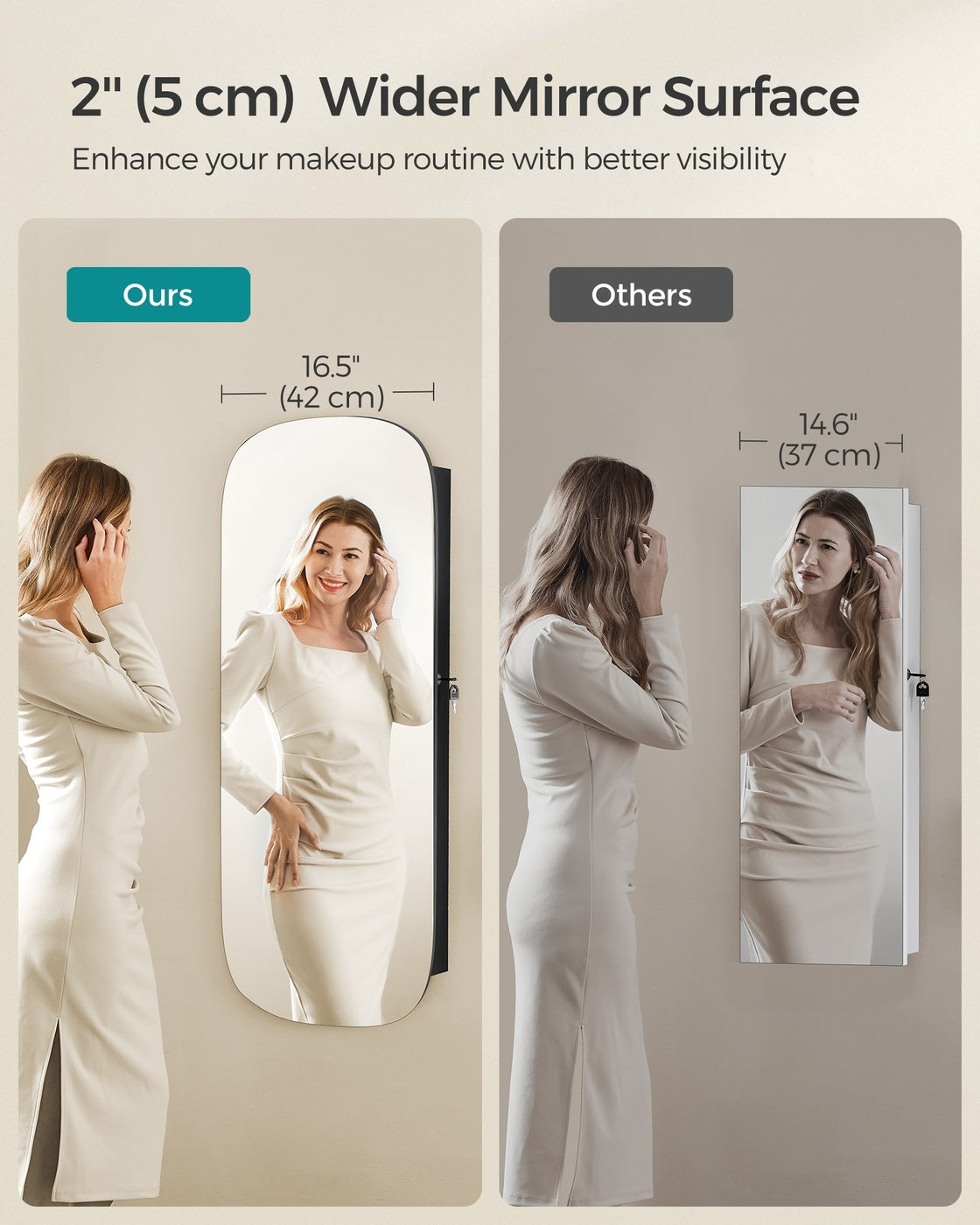 Jewellery Cabinet – Wood – White with Greige Lining – Lockable LED Mirror, Wall/Door Mounted