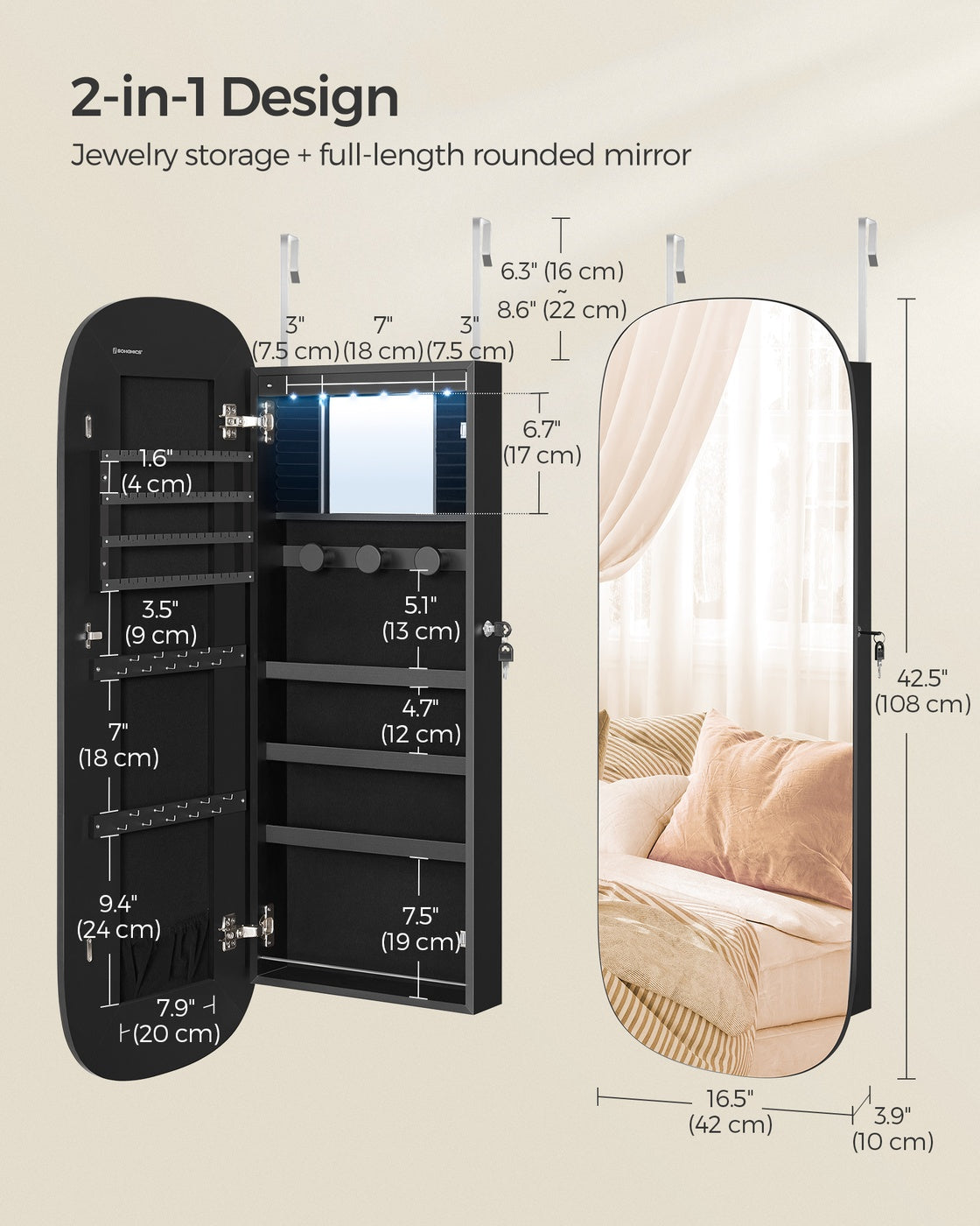 Jewellery Cabinet – Wood – White with Greige Lining – Lockable LED Mirror, Wall/Door Mounted