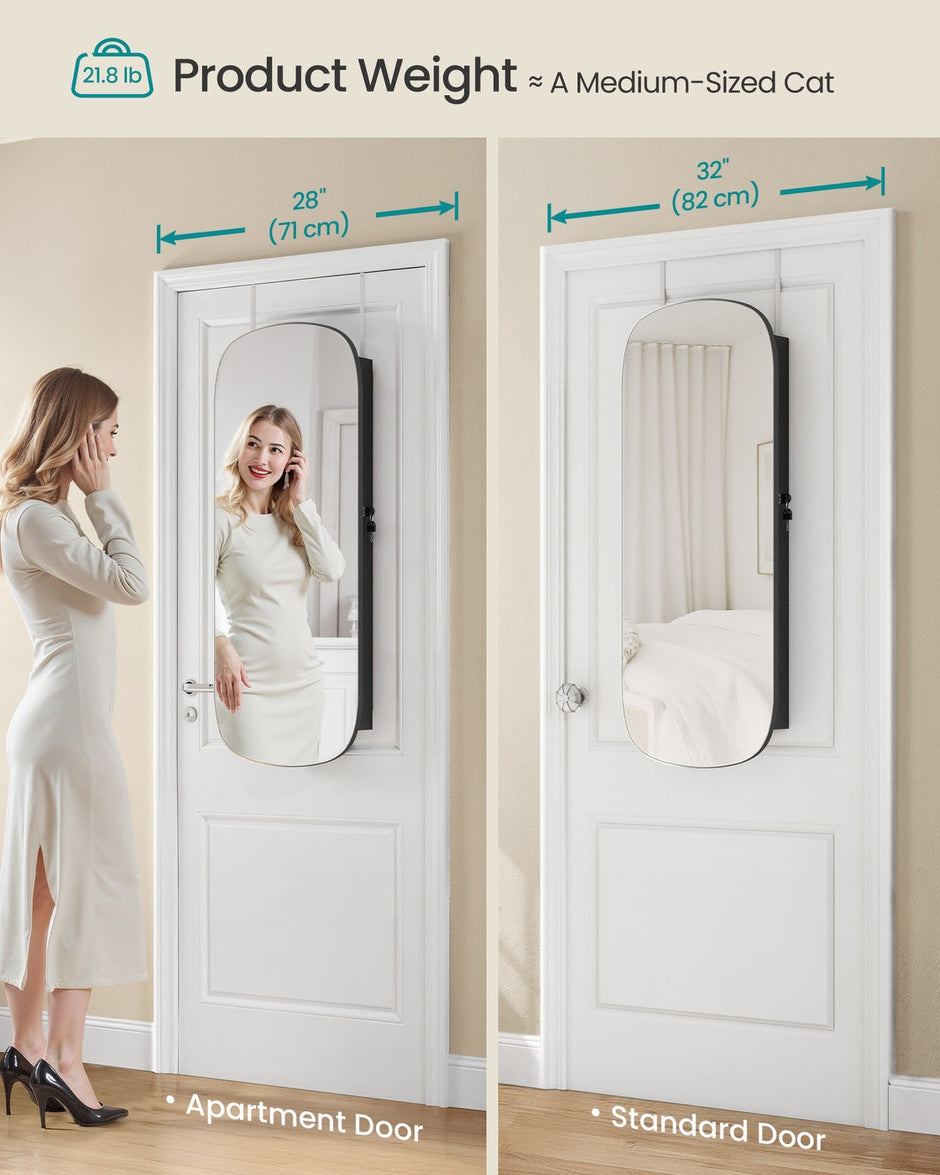 Jewellery Cabinet – Wood – White with Greige Lining – Lockable LED Mirror, Wall/Door Mounted