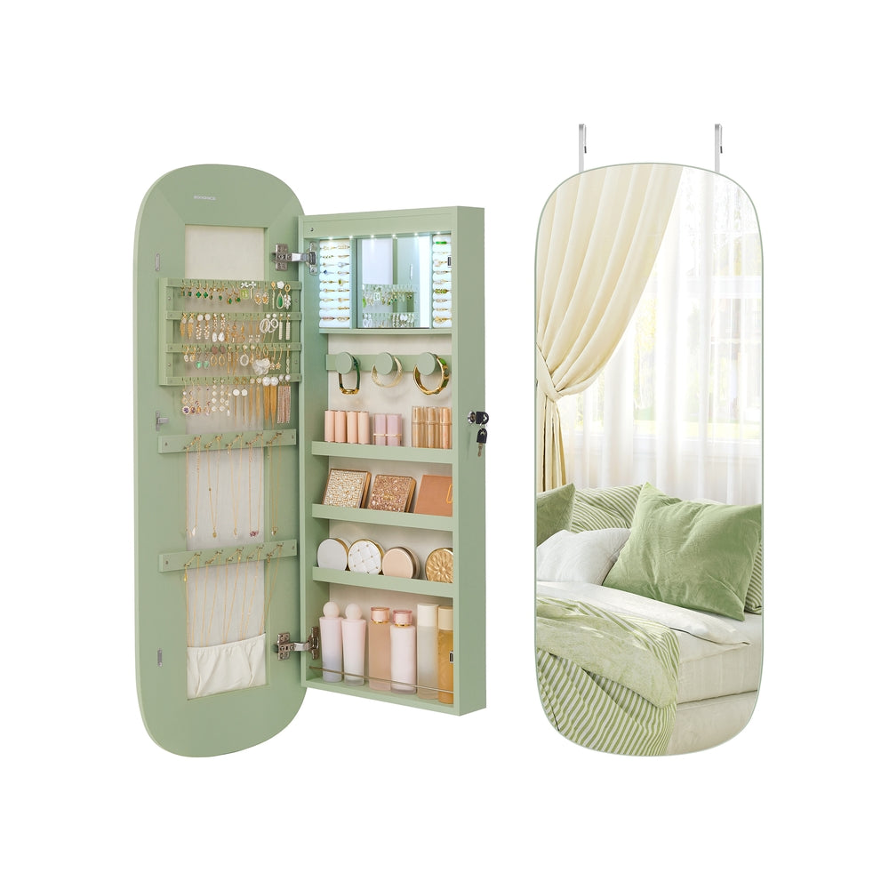 Mirror Cabinet – MDF – White with Greige Lining – Lockable, Rounded, Wall/Door Mounted, LED with Interior Mirror