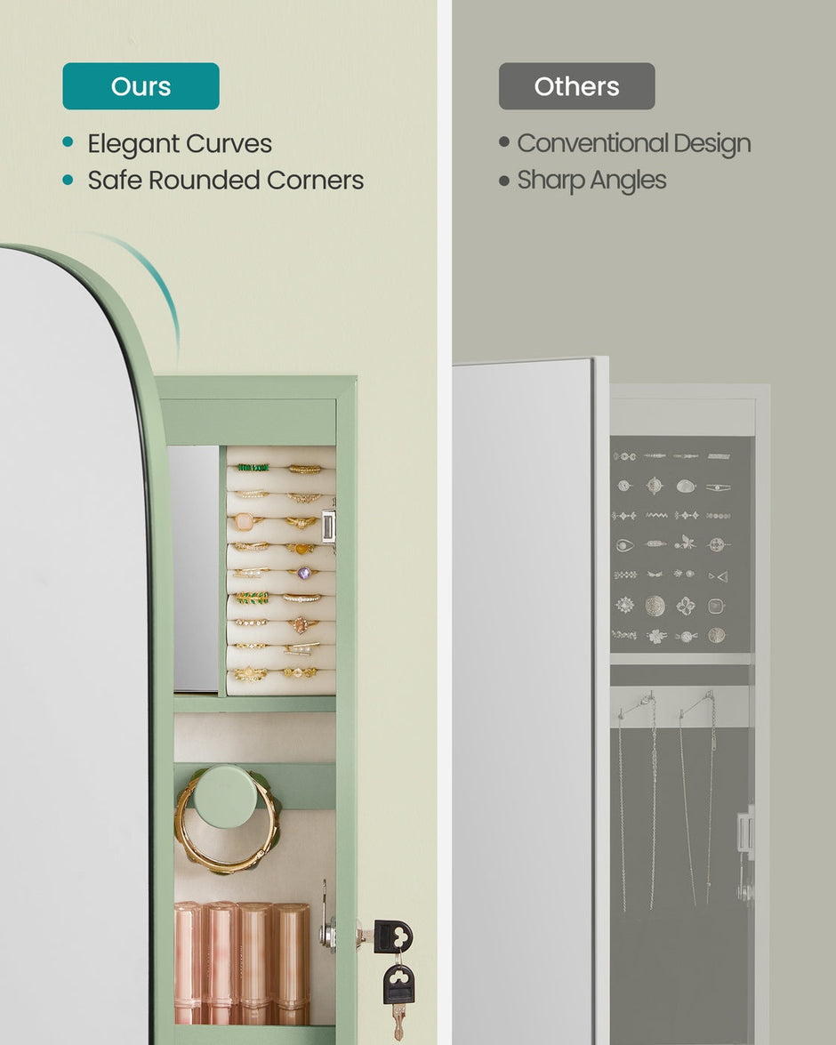 Mirror Cabinet – MDF – White with Greige Lining – Lockable, Rounded, Wall/Door Mounted, LED with Interior Mirror