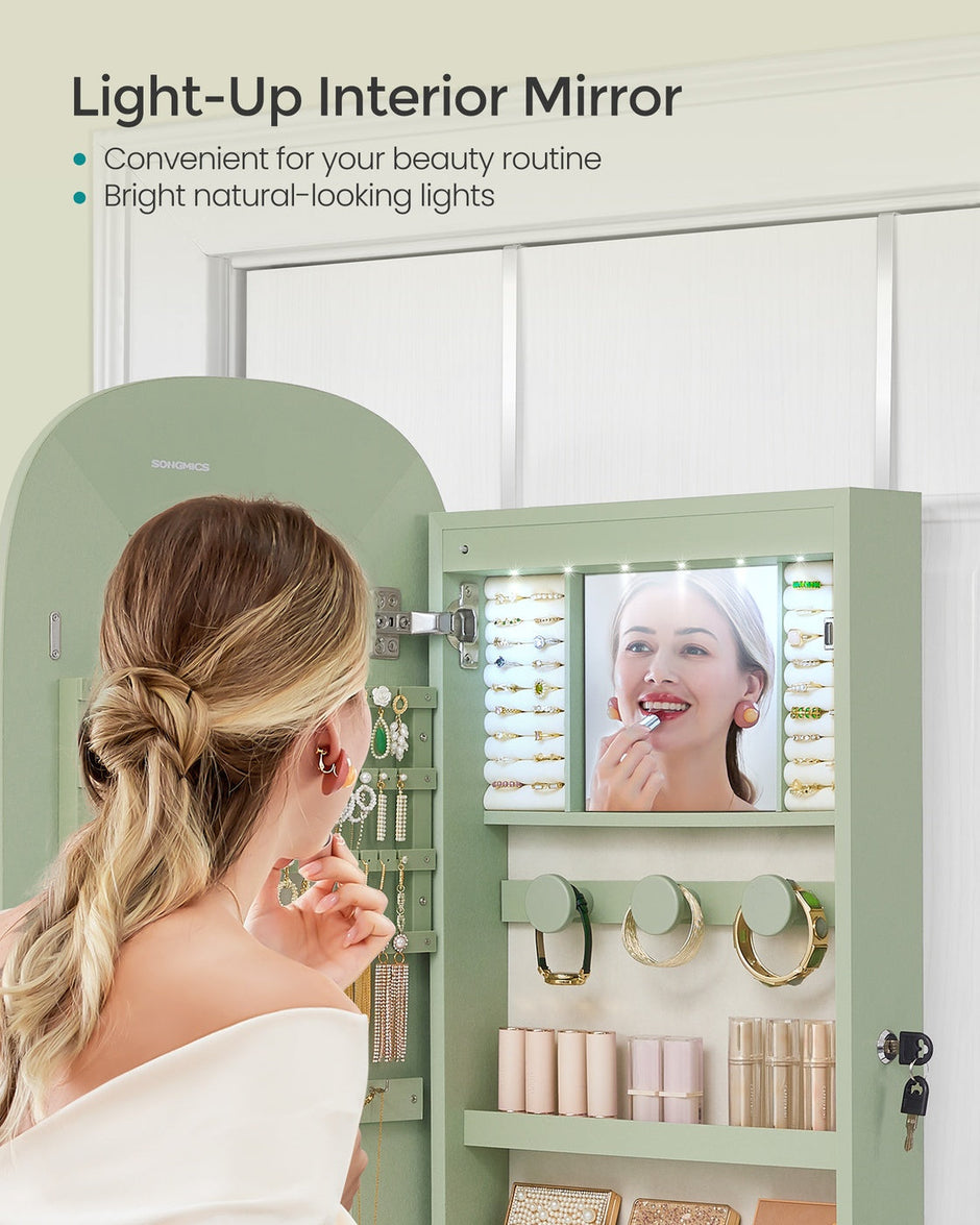 Mirror Cabinet – MDF – White with Greige Lining – Lockable, Rounded, Wall/Door Mounted, LED with Interior Mirror