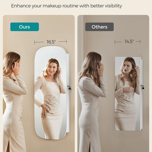 LED Mirror Jewellery Cabinet – MDF – White with Greige Lining – Lockable Wall/Door Mounted with Interior Mirror