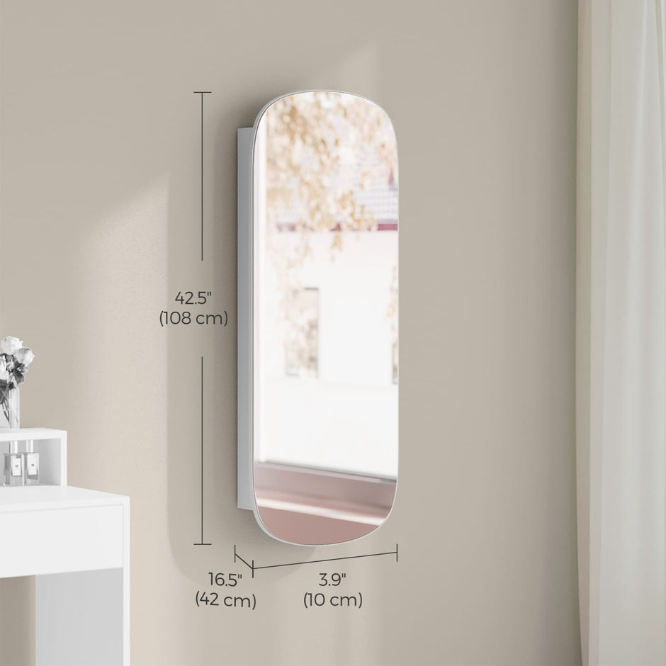 Jewellery Cabinet – Wood – White and Light Grey – Lockable Wall/Door Mounted with LED Mirror and Interior Mirror