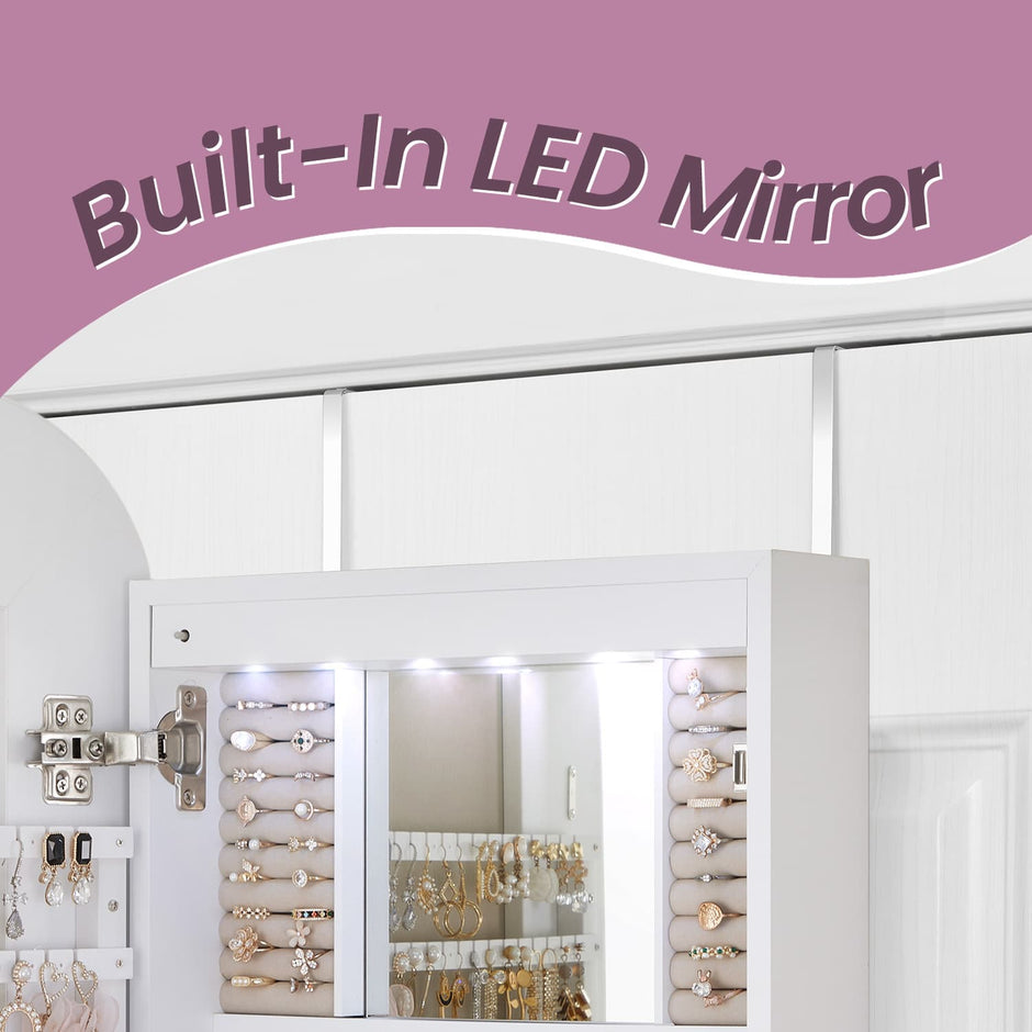 Jewellery Cabinet – Wood – White and Light Grey – Lockable Wall/Door Mounted with LED Mirror and Interior Mirror