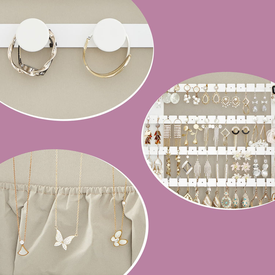 Jewellery Cabinet – Wood – White and Light Grey – Lockable Wall/Door Mounted with LED Mirror and Interior Mirror