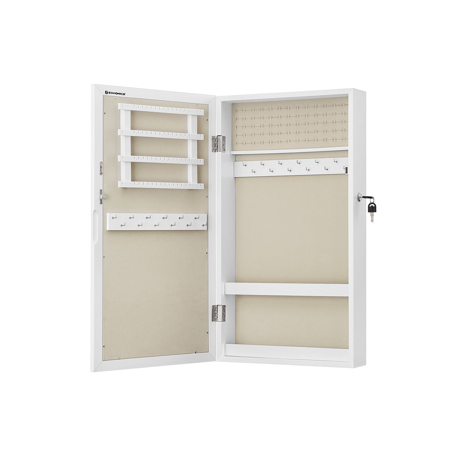 Wall-Mounted Jewellery Cabinet – Wood – White – Lockable with Mirror and Storage