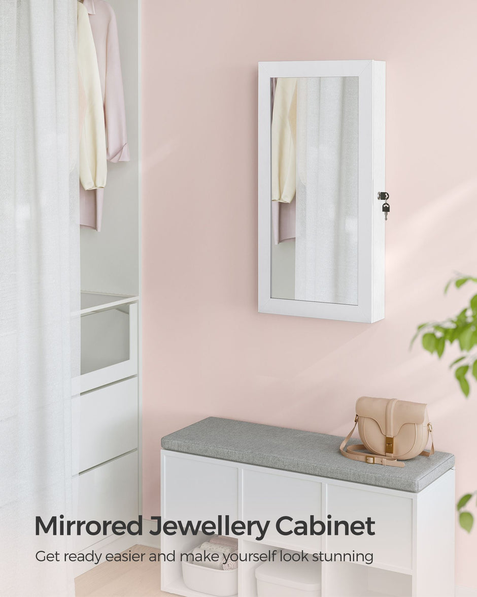 Wall-Mounted Jewellery Cabinet – Wood – White – Lockable with Mirror and Storage