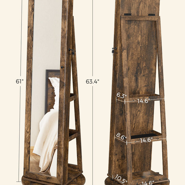 Jewellery Cabinet – Wood – White – 360° Swivel with Full-Length Mirror and Storage Shelf