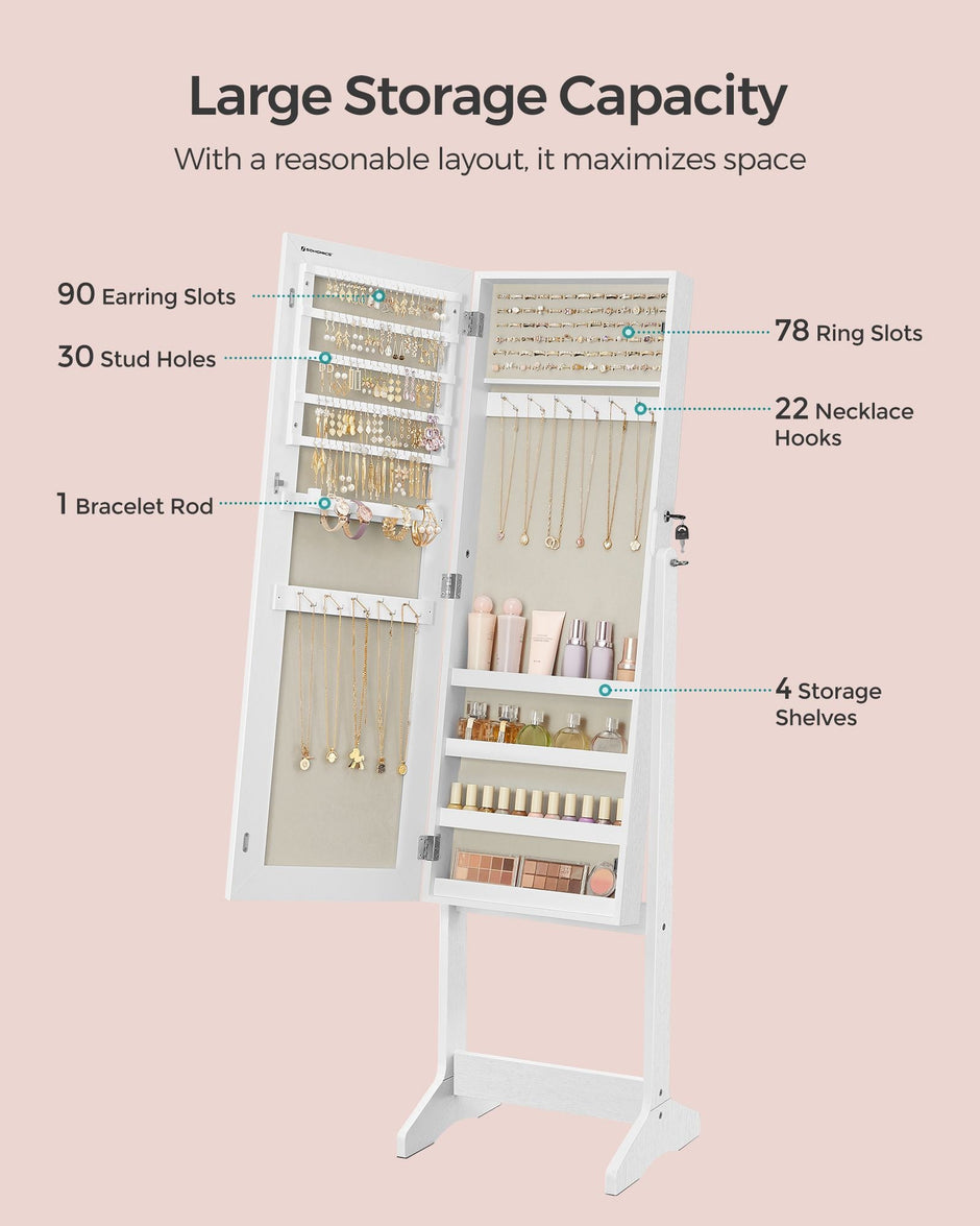 Jewelry Cabinet – Wood – Brown – Full Length Standing Mirror with Simple Assembly