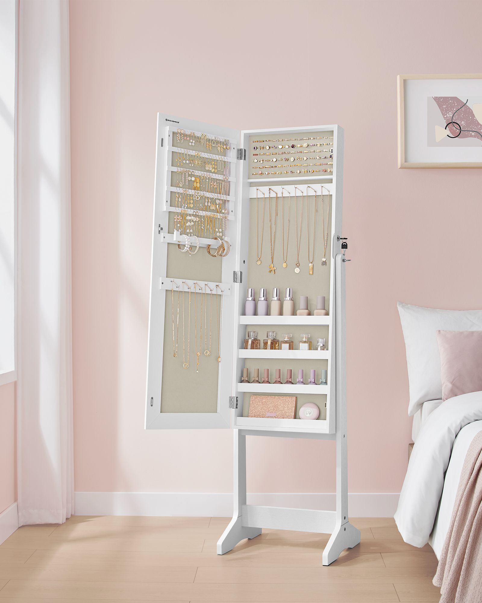 Jewelry Cabinet – Wood – Brown – Full Length Standing Mirror with Simple Assembly