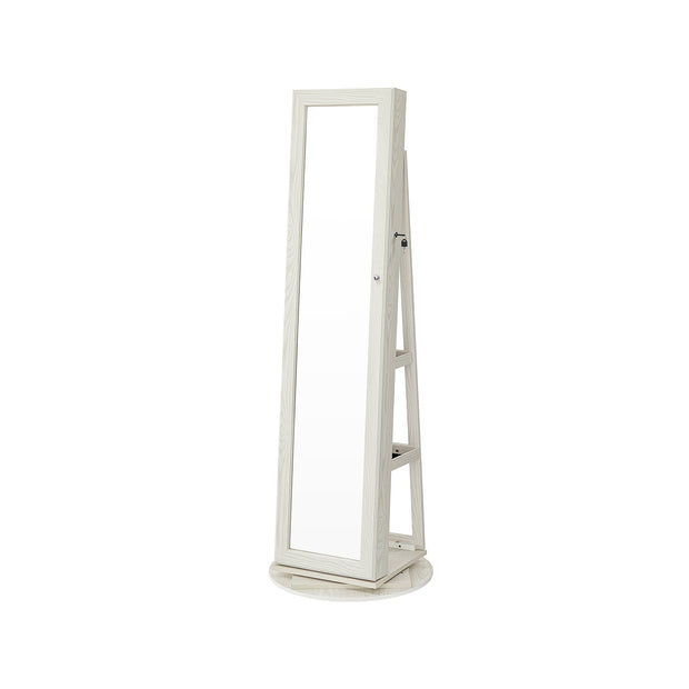 Jewellery Cabinet – Wood – White with Greyish Grain – 360° Swivel and Lockable with Full-Length Mirror