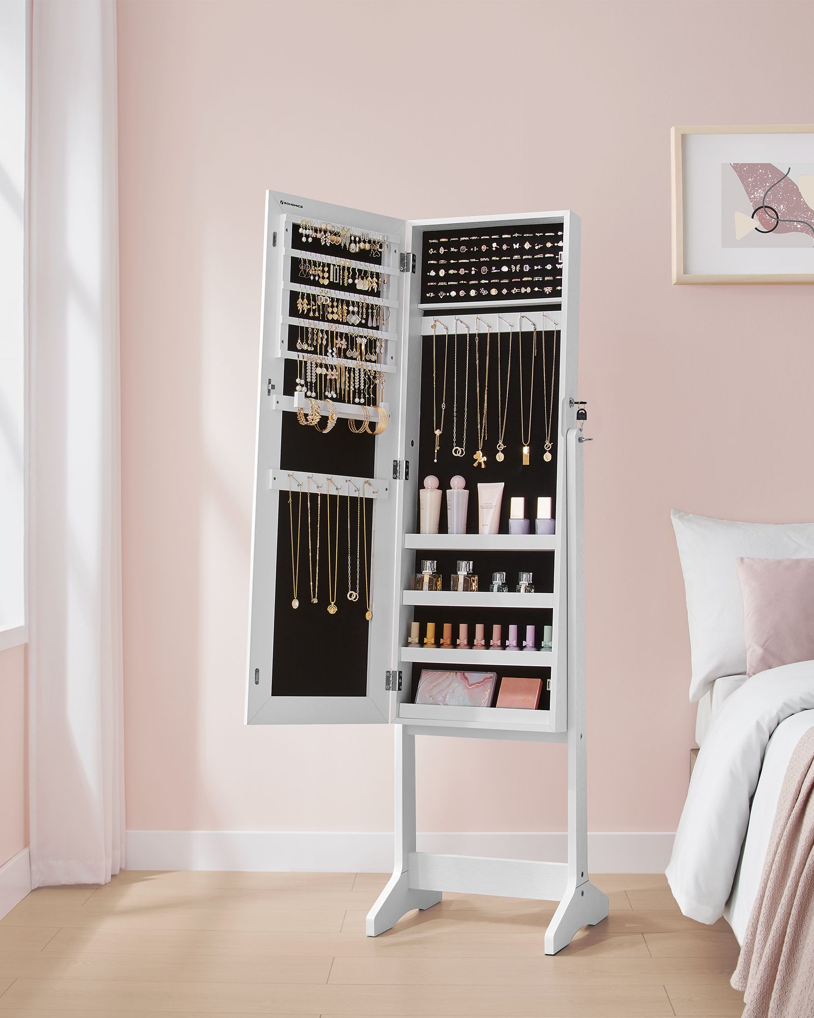 Full Length Mirror Jewelry Cabinet – Brown – Standing Design with Simple Assembly
