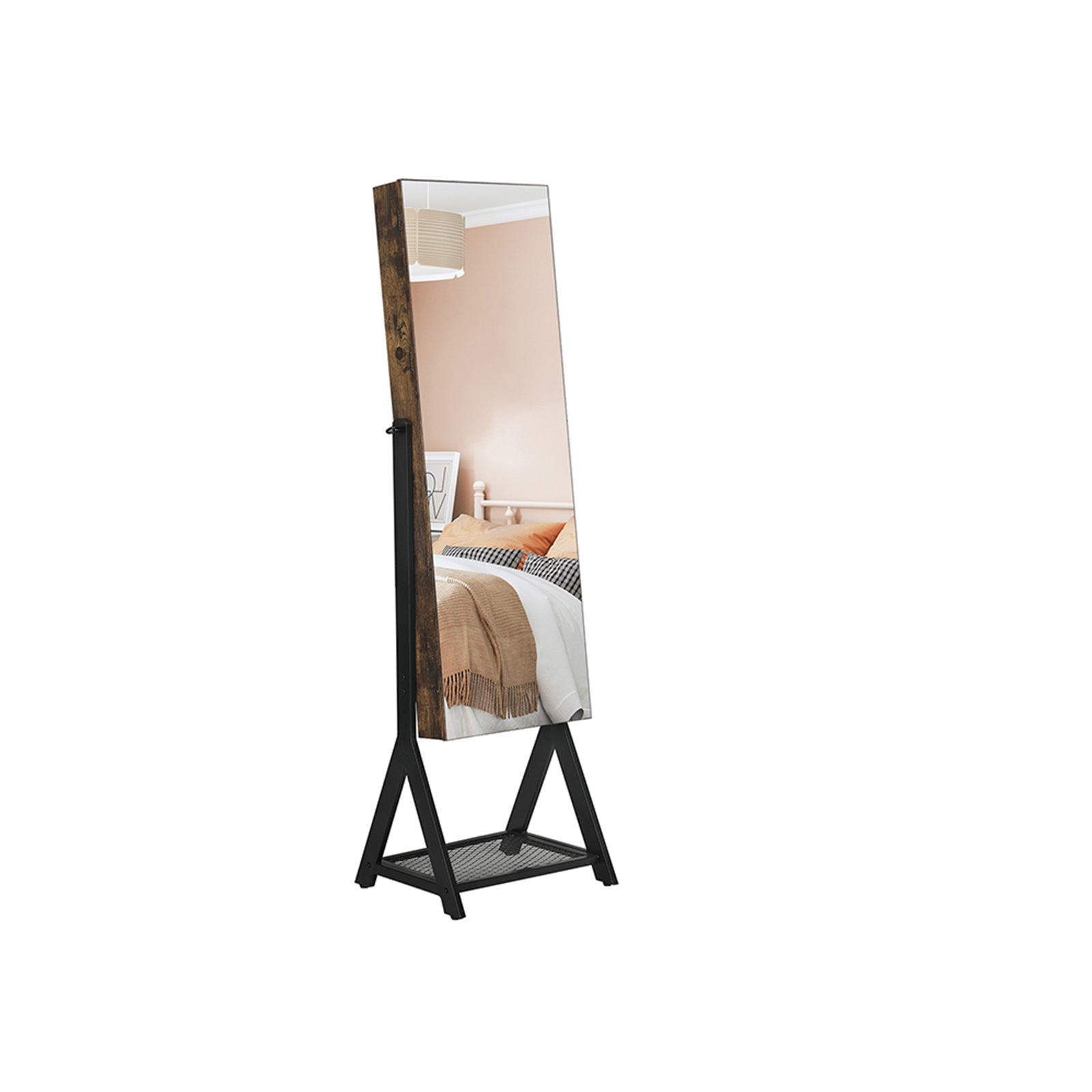 Jewelry Cabinet – Steel Frame – Rustic Brown and Black – Lockable with Mirror and Mesh Shelf