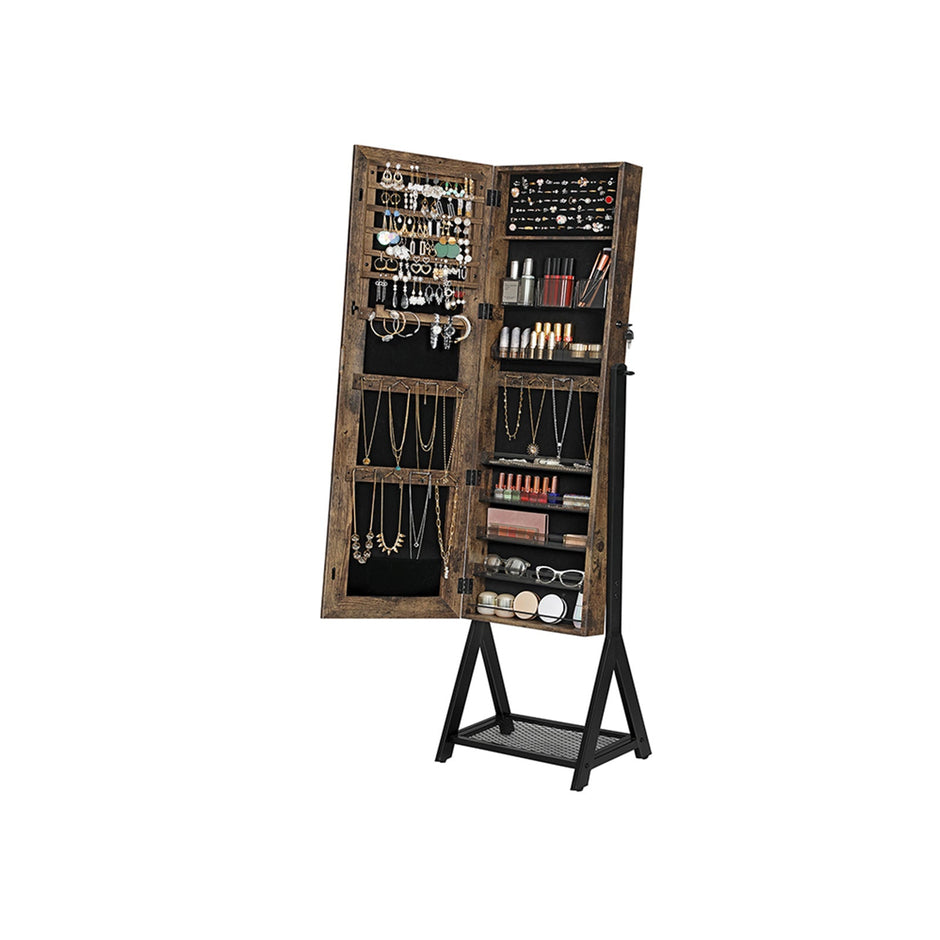 Jewelry Cabinet – Steel Frame – Rustic Brown and Black – Lockable with Mirror and Mesh Shelf