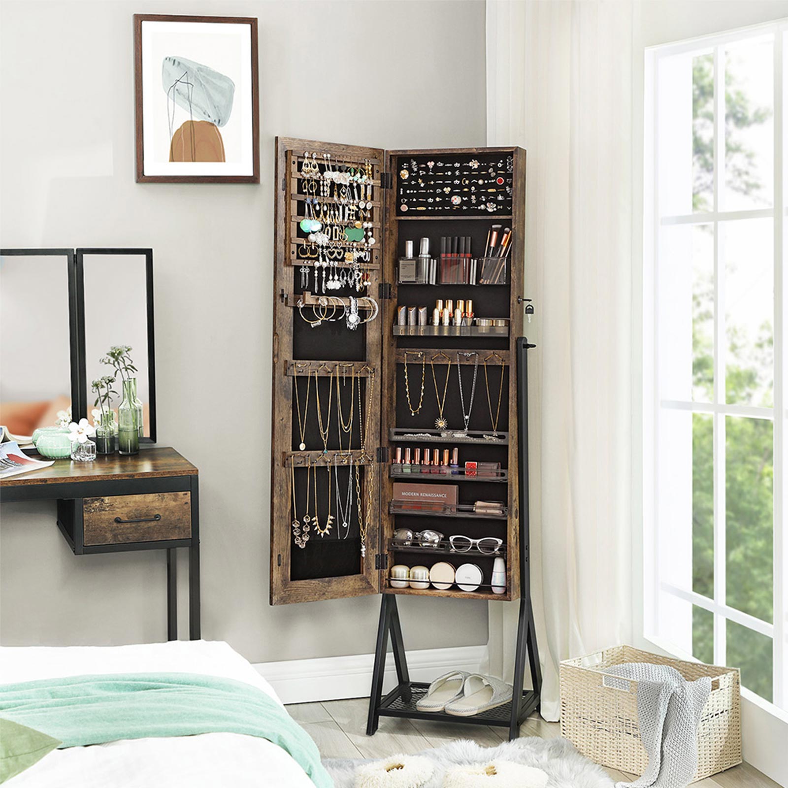 Jewelry Cabinet – Steel Frame – Rustic Brown and Black – Lockable with Mirror and Mesh Shelf