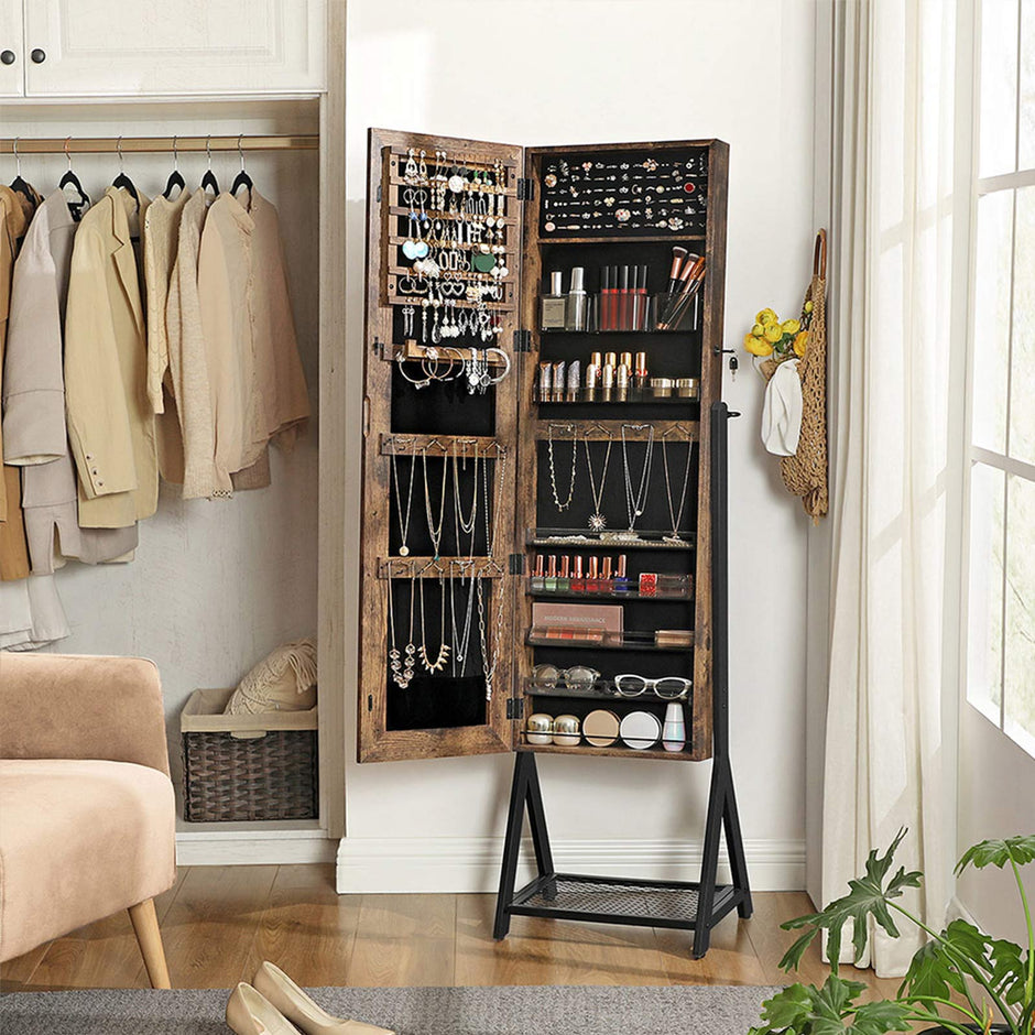 Jewelry Cabinet – Steel Frame – Rustic Brown and Black – Lockable with Mirror and Mesh Shelf