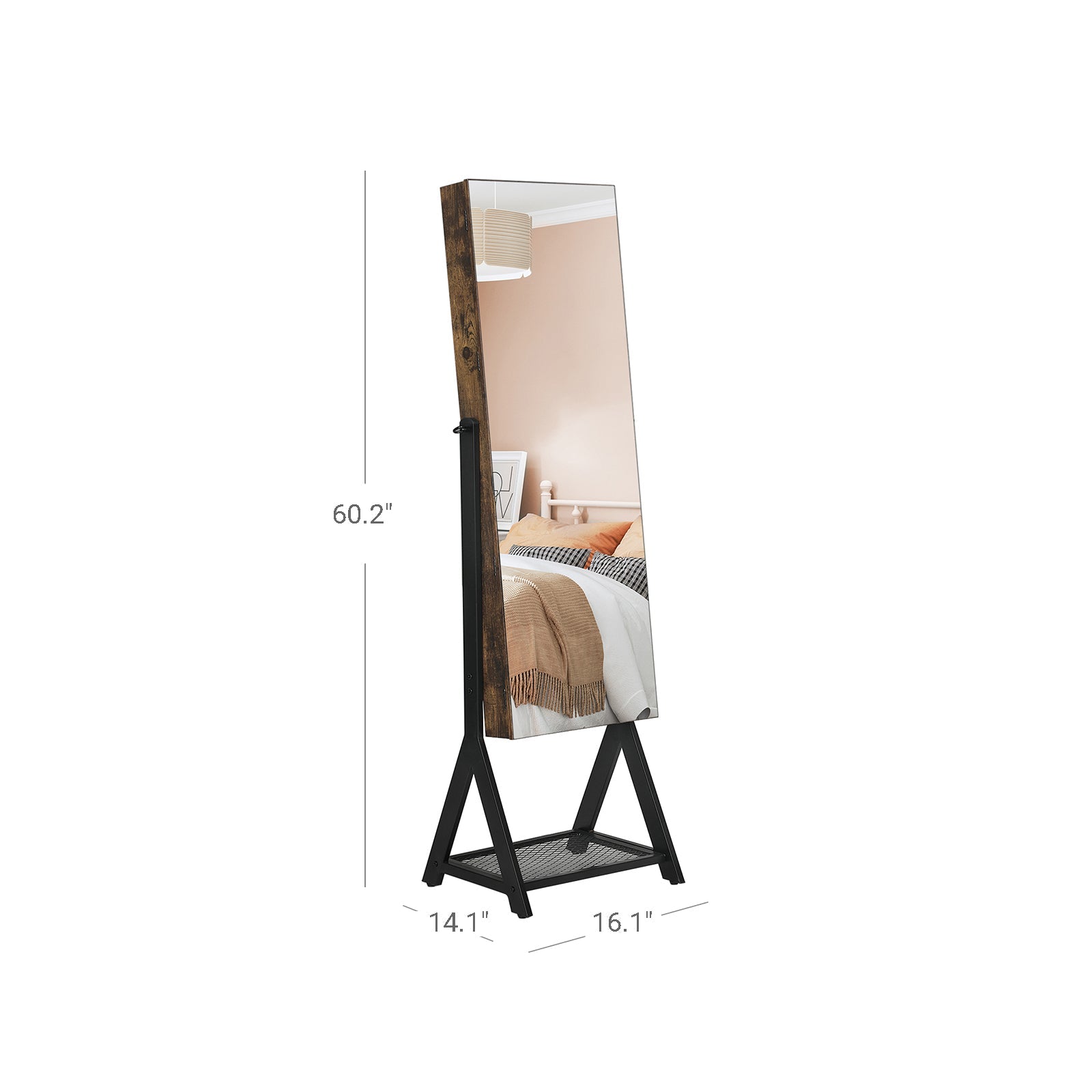 Jewelry Cabinet – Steel Frame – Rustic Brown and Black – Lockable with Mirror and Mesh Shelf