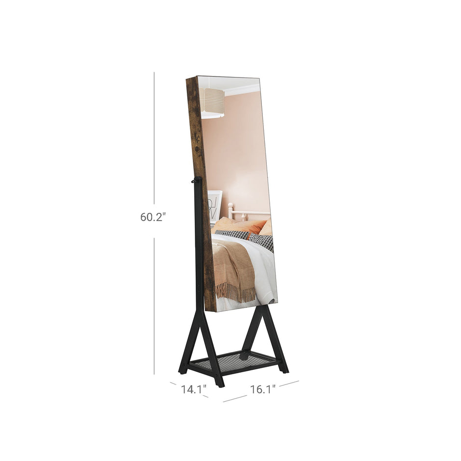 Jewelry Cabinet – Steel Frame – Rustic Brown and Black – Lockable with Mirror and Mesh Shelf