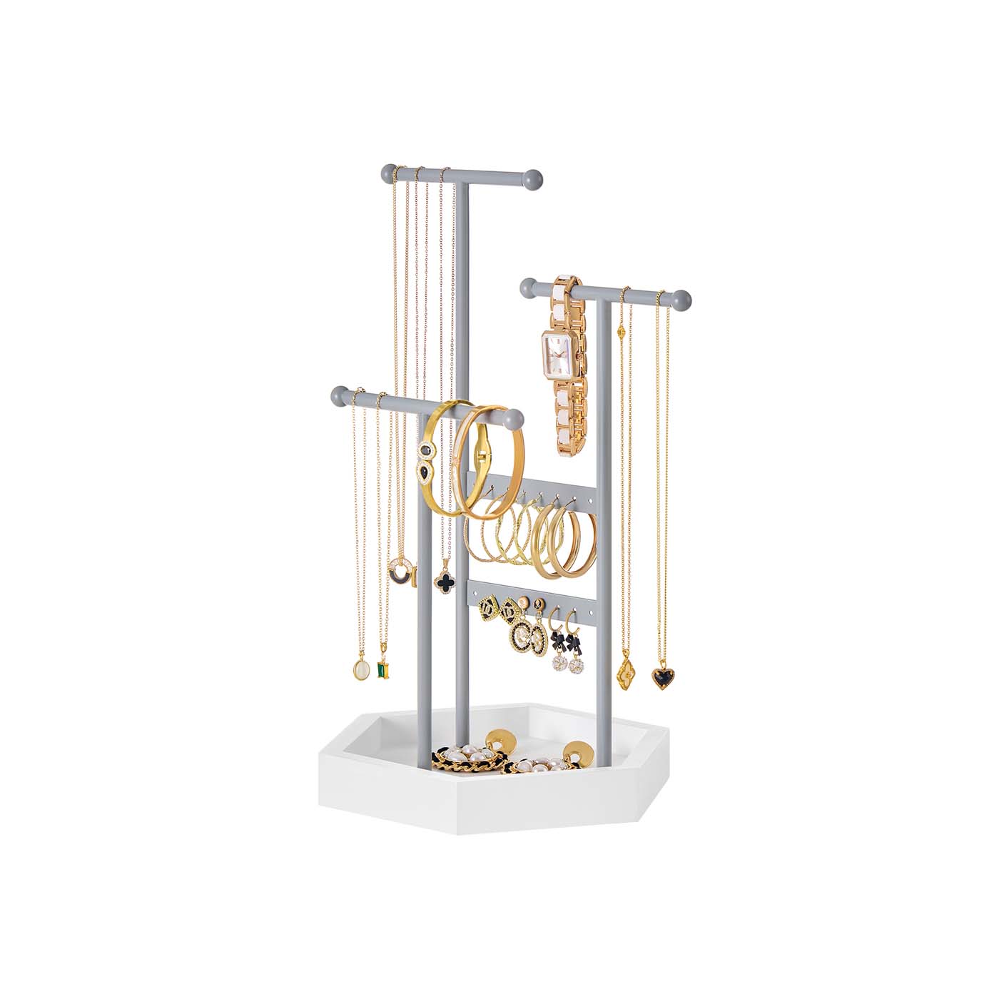 Jewellery Stand – Metal – Dove Grey and Cloud White – 3 Tiers with 1 Tray and 4 Independent Zones
