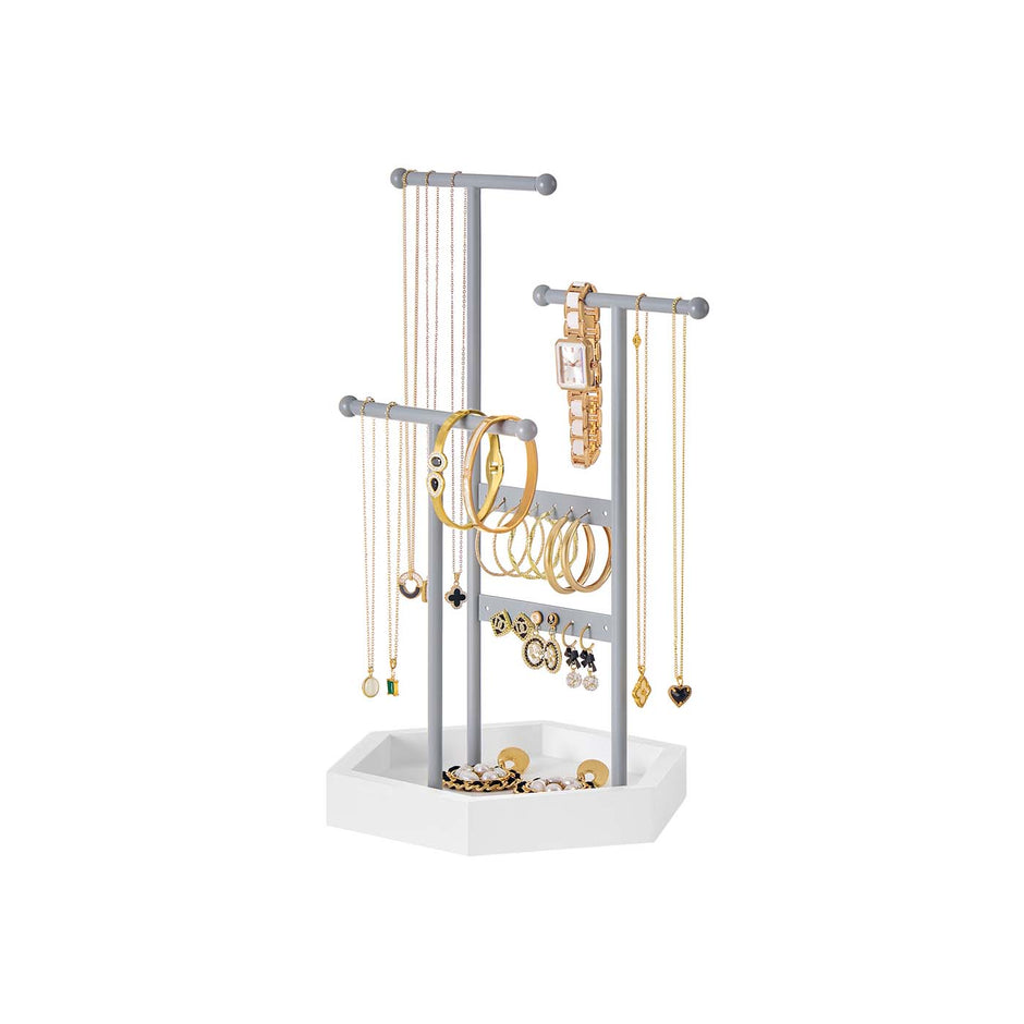 Jewellery Stand – Metal – Dove Grey and Cloud White – 3 Tiers with 1 Tray and 4 Independent Zones
