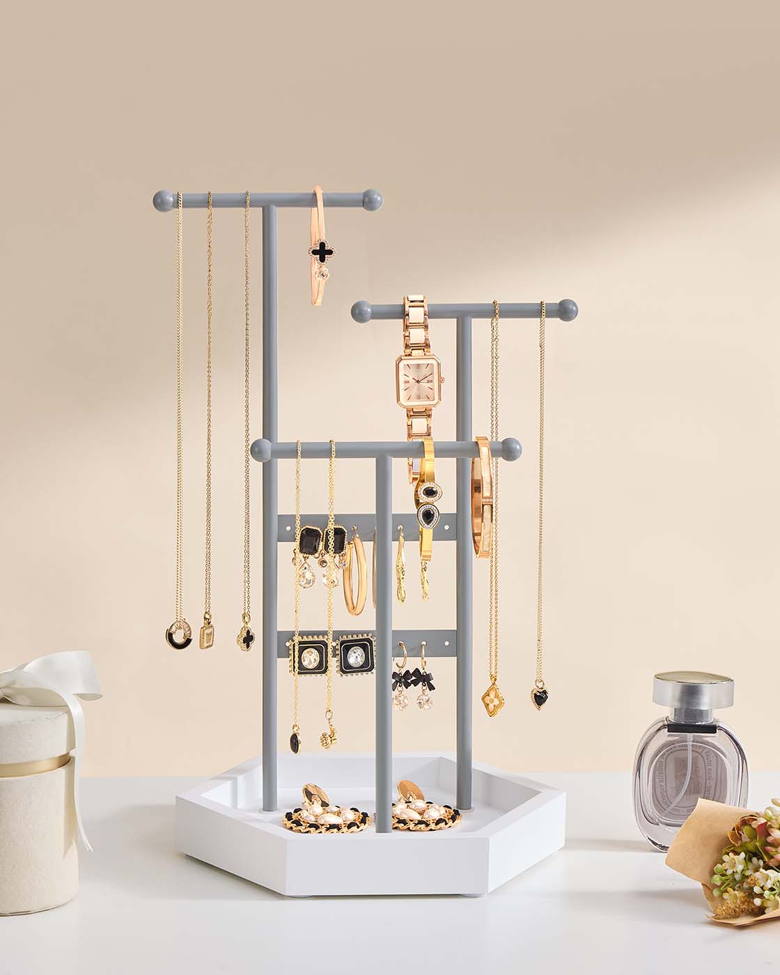 Jewellery Stand – Metal – Dove Grey and Cloud White – 3 Tiers with 1 Tray and 4 Independent Zones