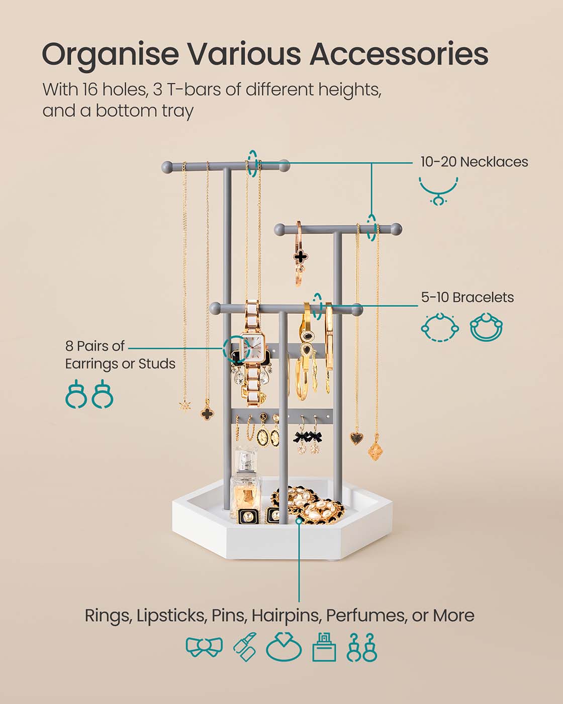 Jewellery Stand – Metal – Dove Grey and Cloud White – 3 Tiers with 1 Tray and 4 Independent Zones