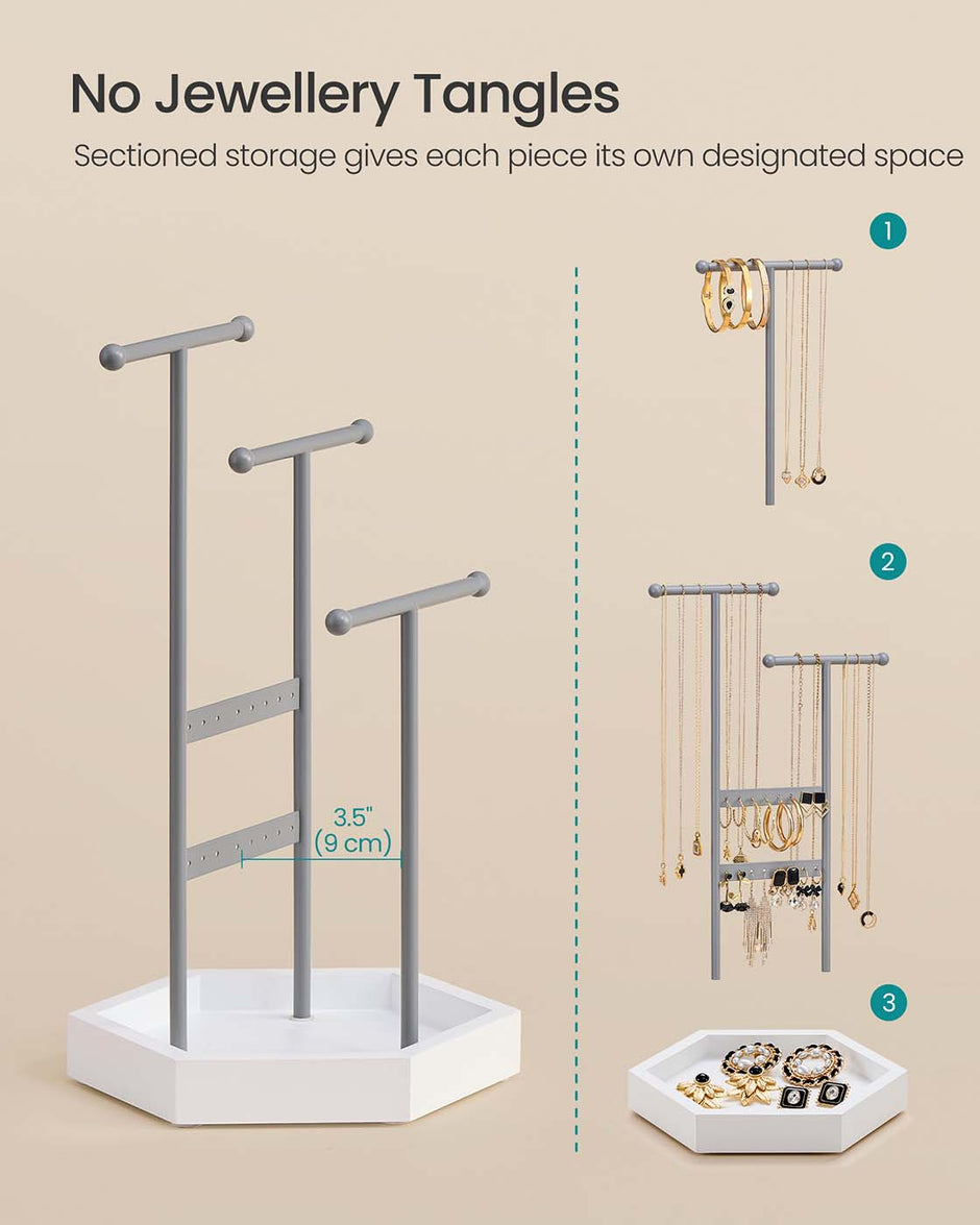 Jewellery Stand – Metal – Dove Grey and Cloud White – 3 Tiers with 1 Tray and 4 Independent Zones