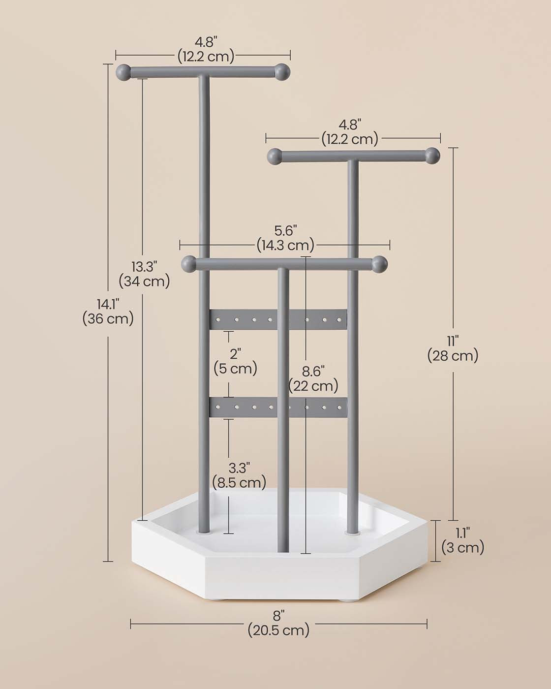 Jewellery Stand – Metal – Dove Grey and Cloud White – 3 Tiers with 1 Tray and 4 Independent Zones
