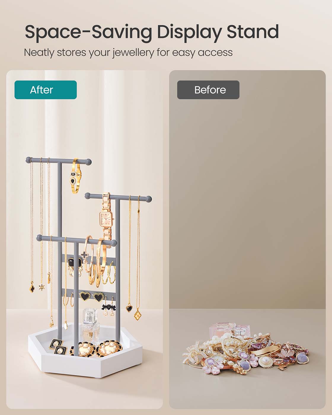 Jewellery Stand – Metal – Dove Grey and Cloud White – 3 Tiers with 1 Tray and 4 Independent Zones